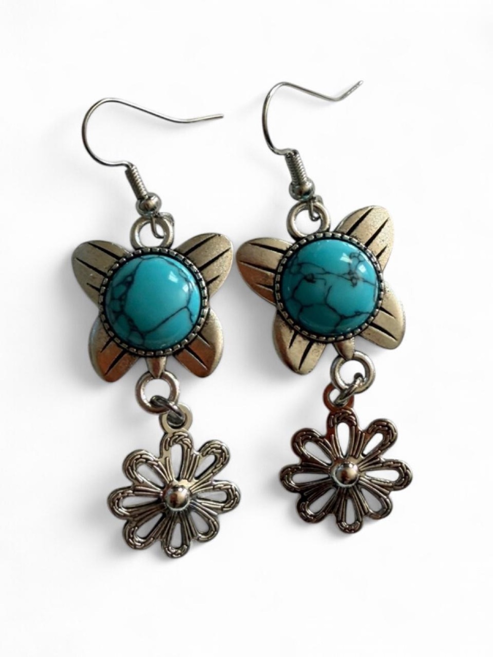 Handmade Turquoise Floral Dangle Earrings – Boho Artisan Jewelry